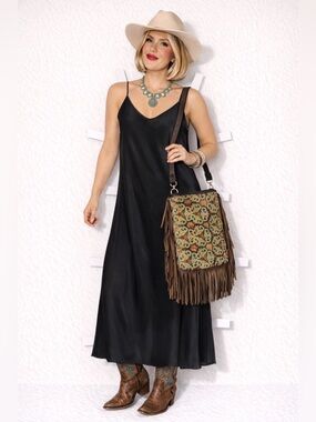 Embossed leather crossbody bag, double sided with western-style fringe, boho
